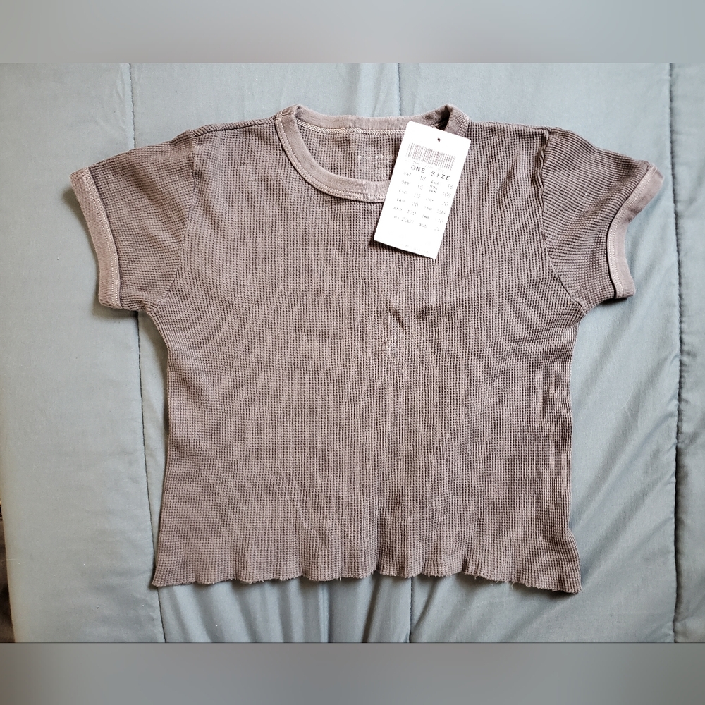 Brandy Melville Cropped Charcoal Gray Hailie Waffle Short Sleeve Top